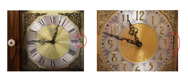 Some typical real-world clock faces, showing how tiny the little levers to control which musical chime plays