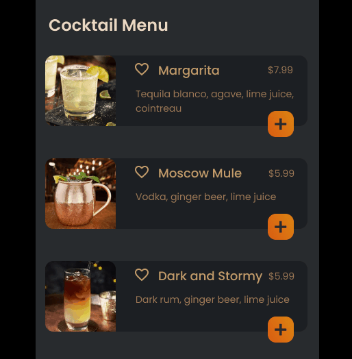 An animated GIF showing a drink menu item.  As the plus icon is clicked, the icon itself rotates to becomes the X close button as the entire panel expands to show details for ordering that drink.
